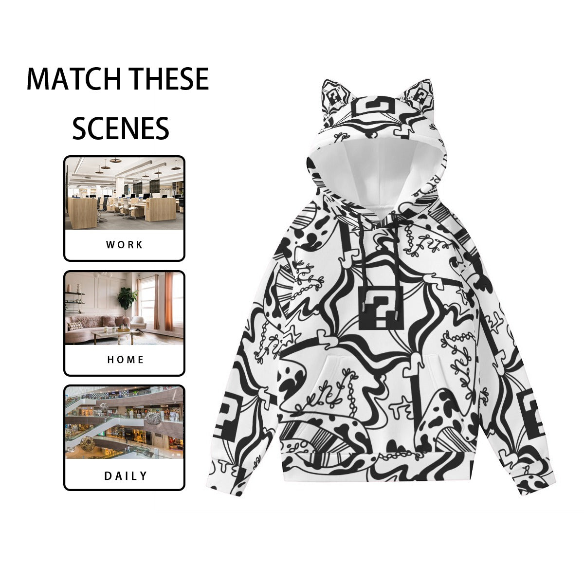 White TipDrip All-Over Print Hoodie With Cat Ears