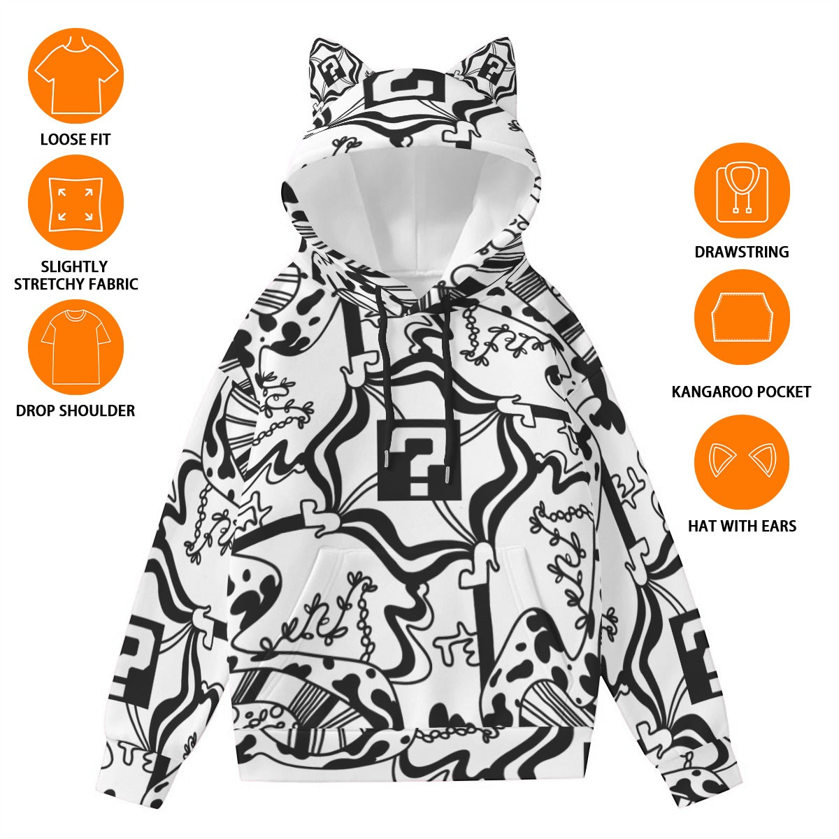 White TipDrip All-Over Print Hoodie With Cat Ears