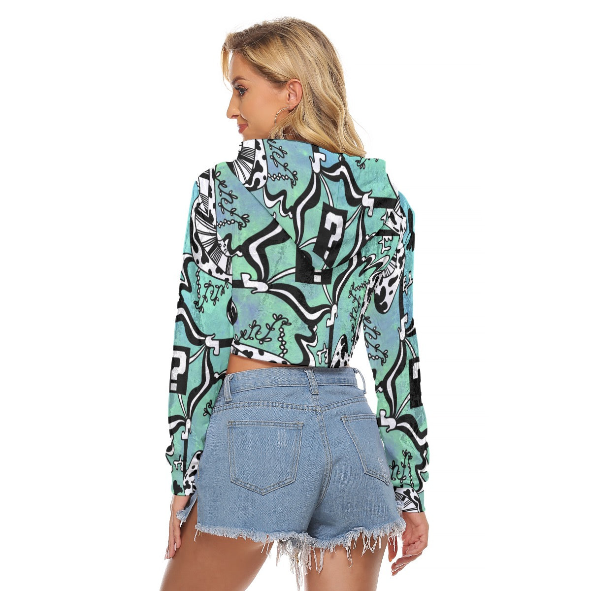 Teal TipDrip Velvet Crop Top Hoodie