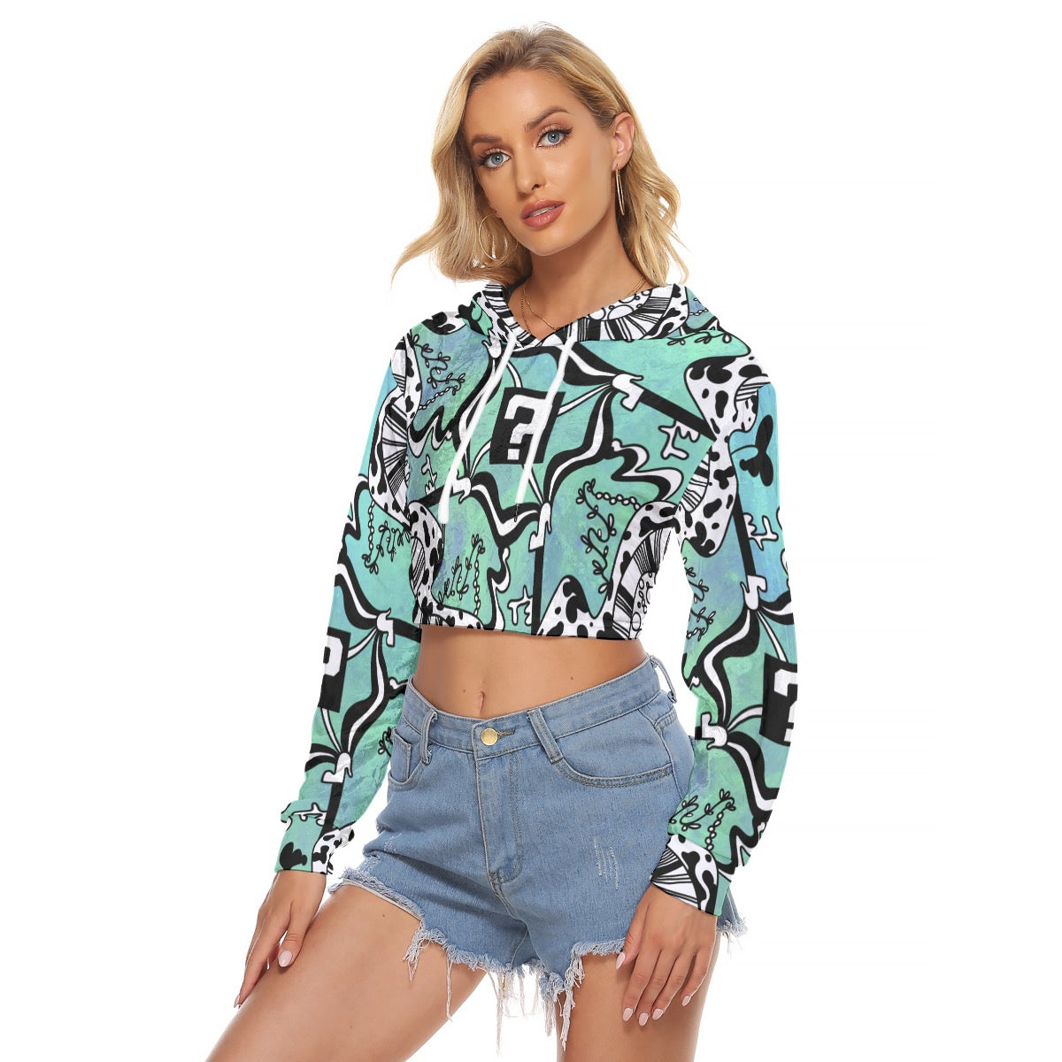 Teal TipDrip Velvet Crop Top Hoodie