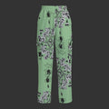 A pair of sage cargo pants with a decorative button design and multiple pockets.