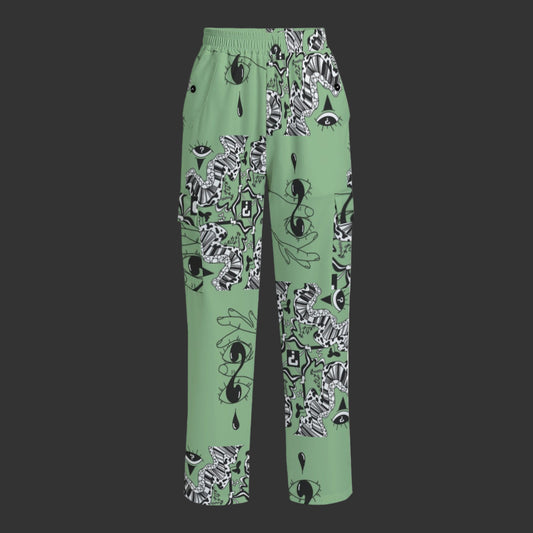 A pair of sage cargo pants with a decorative button design and multiple pockets.